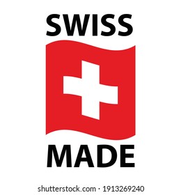 Logo hecho en Suiza - icono con bandera ondulada de Suiza - etiqueta de paquete de productos hechos en Suiza