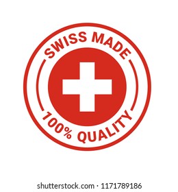 Swiss made seal logo. Vector 100 percent premium Switzerland quality badge icon with Swiss flag