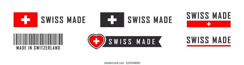 Swiss made. Made in Switzerland logo or labels. Switzerland product emblems. Vector illustration