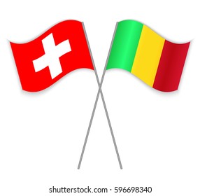 Swiss and Malian crossed flags. Switzerland combined with Mali isolated on white. Language learning, international business or travel concept.