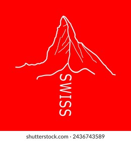 swiss matterhorn logo design vektor. red background and white lines. Logo shape of the original switzerland flag. modern accurate design of the matterhorn mountain. Text Swiss writen under mountain.