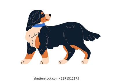 Perro suizo de montaña de la raza Sennenhunds. Caminando vagabundos, paseando. Perfil animal canino. Cachorro en el cuello, yendo, mirando hacia atrás. Ilustración vectorial plana aislada en fondo blanco