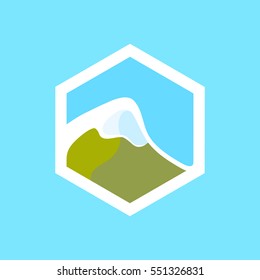 Swiss Mountain Icon isolated on bright blue background. Style Vector Symbol in Positive colors and Original Shape.