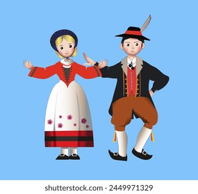 Swiss national costume. Swiss man and woman on a blue background. Vector illustration