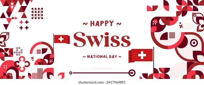 Swiss National Day banner in colorful modern geometric style. National Independence Day greeting card cover with typography. Illustration banner for Switzerland national holiday celebration party
