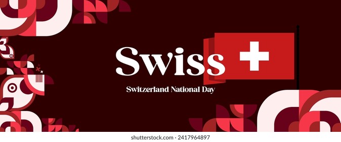 Swiss National Day banner in colorful modern geometric style. National Independence Day greeting card cover with typography. Illustration banner for Switzerland national holiday celebration party