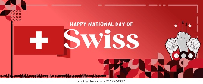 Swiss National Day banner in colorful modern geometric style. National Independence Day greeting card cover with typography. Illustration banner for Switzerland national holiday celebration party
