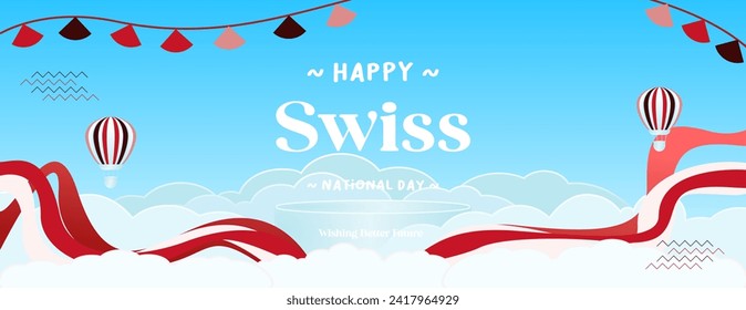 Swiss National Day banner in colorful modern geometric style. National Independence Day greeting card cover with typography. Illustration banner for Switzerland national holiday celebration party