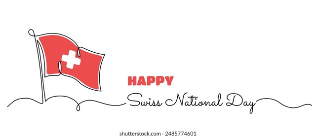 Swiss National Day banner with flag of Switzerland one line art drawing. Abstract minimal 1st August holiday background design. 