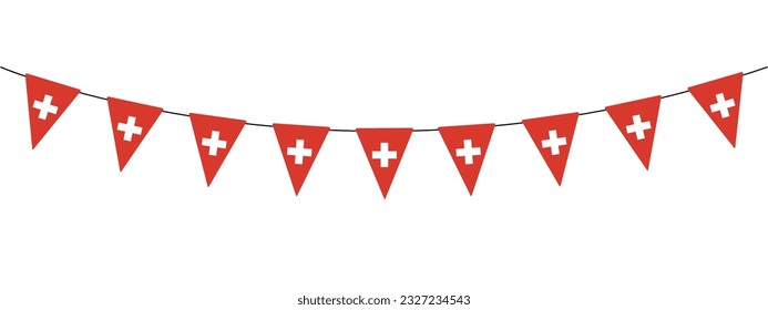 Swiss National Day, bunting garland with swiss pennants, red and white, national holiday of Switzerland, string of triangular flags, vector decorative element