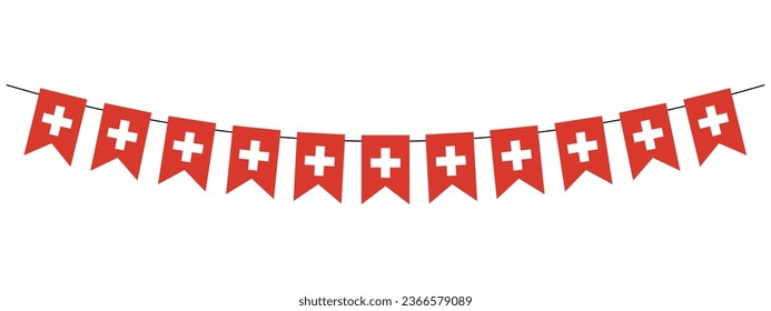 Swiss National Day, bunting garland with pennants, red and white, national holiday of Switzerland, string of flags, vector decorative element