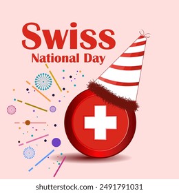 Swiss national day celebration festival with red background and Swiss flag emblem