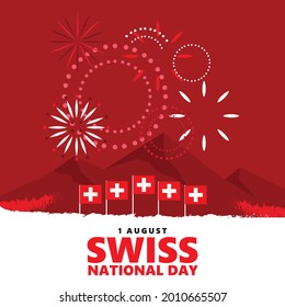 Swiss national day celebration with its national flags, fireworks, and the alps mountains. European country national day.