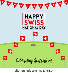 Swiss National Day celebration vector illustration with switzerland flag and patriotic elements. Creative concept for posters, greetings, banners, backgrounds and print. 