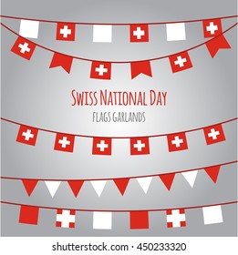 Swiss National Day flags garlands. Stock vector.