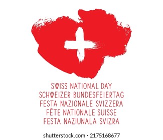 Swiss National Day greeting card. Text in French, Italian, German and Romansh. Vector banner with the flag of Switzerland.