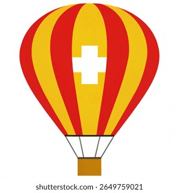 Dia Nacional Suíço balão de ar quente com bandeira suíça, ícone aerostático amarelo-vermelho, vetor de feriado festivo.









