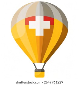 Dia Nacional Suíço balão de ar quente com bandeira suíça, ícone aerostático amarelo-vermelho, vetor de feriado festivo.
