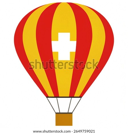 Swiss National Day hot air balloon with Swiss flag, yellow-red aerostat icon, festive holiday vector.









