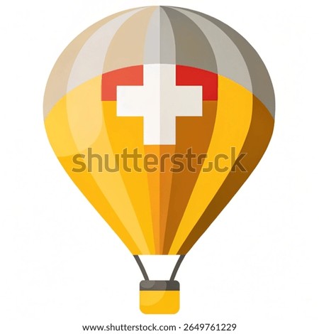 Swiss National Day hot air balloon with Swiss flag, yellow-red aerostat icon, festive holiday vector.
