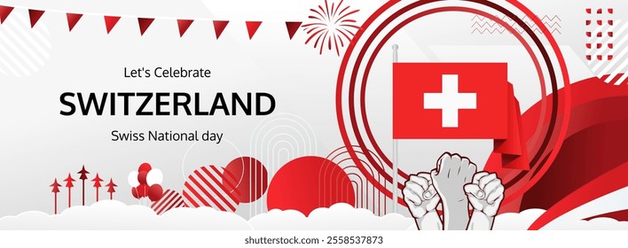 Swiss National Day invitation banner illustration concept. August 1st is celebrated as Switzerland National Day. Vibrant template with flag and raised fist, great for national holiday poster of Swiss.