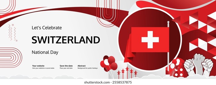 Swiss National Day invitation banner illustration concept. August 1st is celebrated as Switzerland National Day. Vibrant template with flag and raised fist, great for national holiday poster of Swiss.