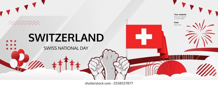 Swiss National Day invitation banner illustration concept. August 1st is celebrated as Switzerland National Day. Vibrant template with flag and raised fist, great for national holiday poster of Swiss.