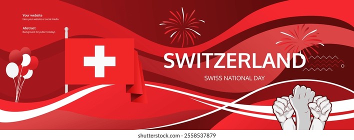 Swiss National Day invitation banner illustration concept. August 1st is celebrated as Switzerland National Day. Vibrant template with flag and raised fist, great for national holiday poster of Swiss.