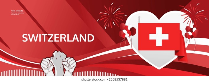 Swiss National Day invitation banner illustration concept. August 1st is celebrated as Switzerland National Day. Vibrant template with flag and raised fist, great for national holiday poster of Swiss.