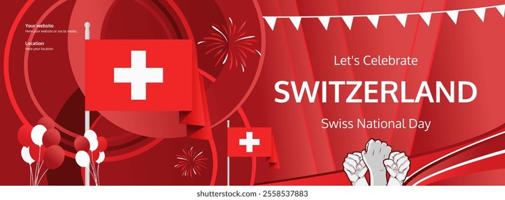 Swiss National Day invitation banner illustration concept. August 1st is celebrated as Switzerland National Day. Vibrant template with flag and raised fist, great for national holiday poster of Swiss.