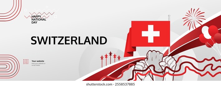 Swiss National Day invitation banner illustration concept. August 1st is celebrated as Switzerland National Day. Vibrant template with flag and raised fist, great for national holiday poster of Swiss.