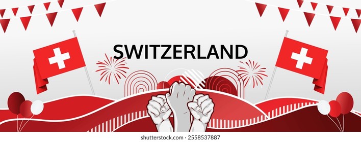 Swiss National Day invitation banner illustration concept. August 1st is celebrated as Switzerland National Day. Vibrant template with flag and raised fist, great for national holiday poster of Swiss.