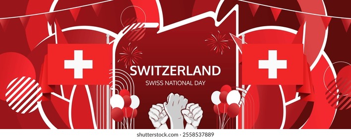 Swiss National Day invitation banner illustration concept. August 1st is celebrated as Switzerland National Day. Vibrant template with flag and raised fist, great for national holiday poster of Swiss.