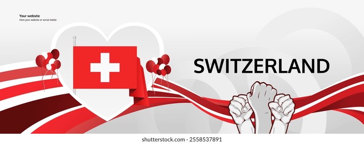 Swiss National Day invitation banner illustration concept. August 1st is celebrated as Switzerland National Day. Vibrant template with flag and raised fist, great for national holiday poster of Swiss.