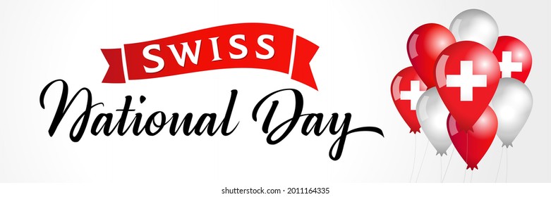 Swiss National Day lettering with balloons and flags. August 1, Switzerland national day vector illustration. Editable design for greeting card, poster and banner