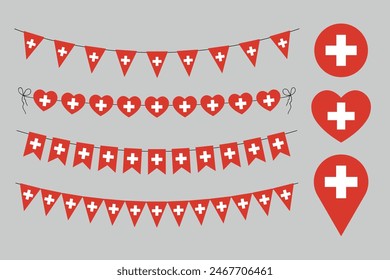 Swiss National Day, love Switzerland decorative symbols, set of vector design elements, swiss flag