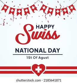 Swiss national day poster design. Swiss independence day holiday. Swiss national flag hanging, white cross on red, holiday celebration August 1st. Swiss National Day