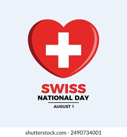 Swiss National Day poster vector illustration. Switzerland flag in heart shape icon on a gray background. Swiss flag love symbol. Template for background, banner, card. August 1. Important day