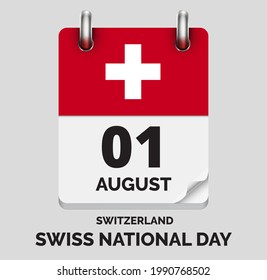 Swiss National Day, Switzerland- August 1, days of year, flat realistic calendar icon Swiss National Day vector image with Switzerland flag