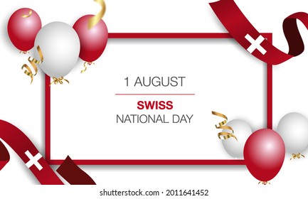 Swiss National Day. Switzerland Independence Day. Realistic balloons, flags, ribbons with the flag of Switzerland. Vector illustration