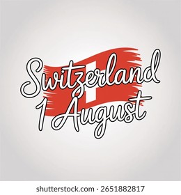 Swiss National Day text banner template. Editable stroke hand drawn lettering. One continuous line art background with red flag. Outline drawing with typography for poster card. Switzerland 1 August

