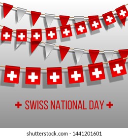 Swiss national day vector background with hanging flags. Holiday decoration elements. Garland Red and white flags on grey background, Hang bunting for Switzerland celebration template banner