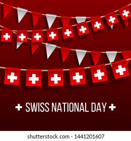 Swiss national day vector background with hanging flags. Holiday decoration elements. Garland Red and white flags on red background, Hang bunting for Switzerland celebration template banner