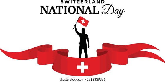 Swiss National Day vector graphic with silhouette of person holding flag on a red ribbon banner