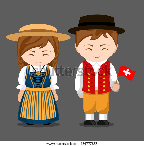 国旗を持つナショナルドレスのスイス人 伝統衣装を着た男女 スイスへ旅行 人 ベクターフラットイラスト のベクター画像素材 ロイヤリティフリー
