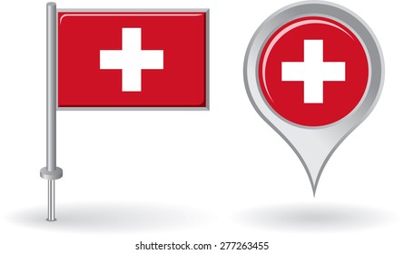 Swiss pin icon and map pointer flag. Vector illustration.