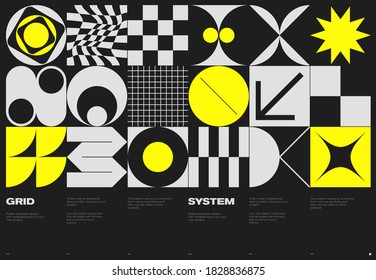 Swiss poster design template layout with clean typography and minimal vector pattern with colorful abstract geometric shapes. Great for branding, presentation, album print, website header, web banner.