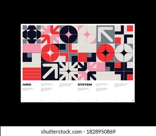 Swiss poster design template layout with clean typography and minimal vector pattern with colorful abstract geometric shapes. Great for branding, presentation, album print, website header, web banner.