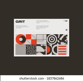 Swiss poster design template layout with clean typography and minimal vector pattern with colorful abstract geometric shapes. Great for branding, presentation, album print, website header, web banner.