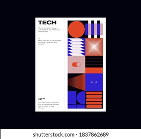 Schweizer Plakatdesign-Template-Layout mit sauberer Typografie und minimalem Vektormuster mit bunten abstrakten geometrischen Formen. Ideal für Branding, Präsentation, Albumdruck, Website-Header, Web-Banner.